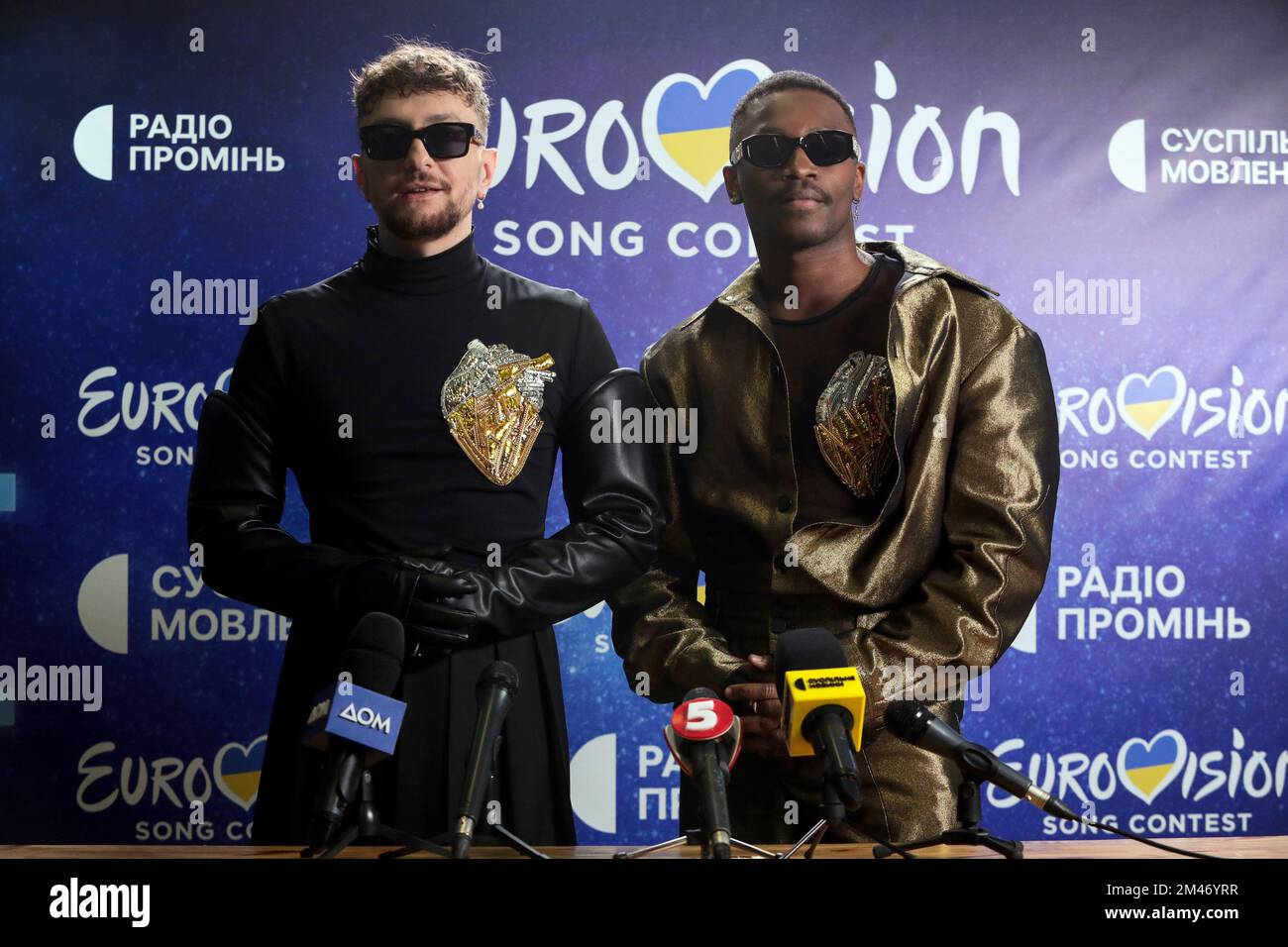 KYIV, UKRAINE - DECEMBER 17, 2022 - Members of the TVORCHI band pose for a photo at the press conference of the winners of the national selection for the International Song Contest Eurovision 2023, Kyiv, capital of Ukraine. Stock Photo