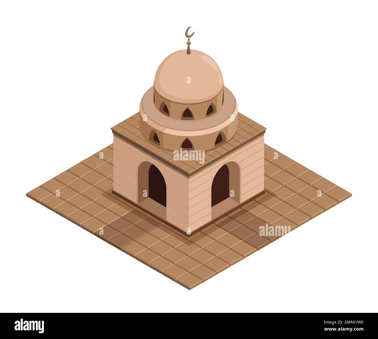 Ancient temple, isometric muslim mosque with stone walls, dome and