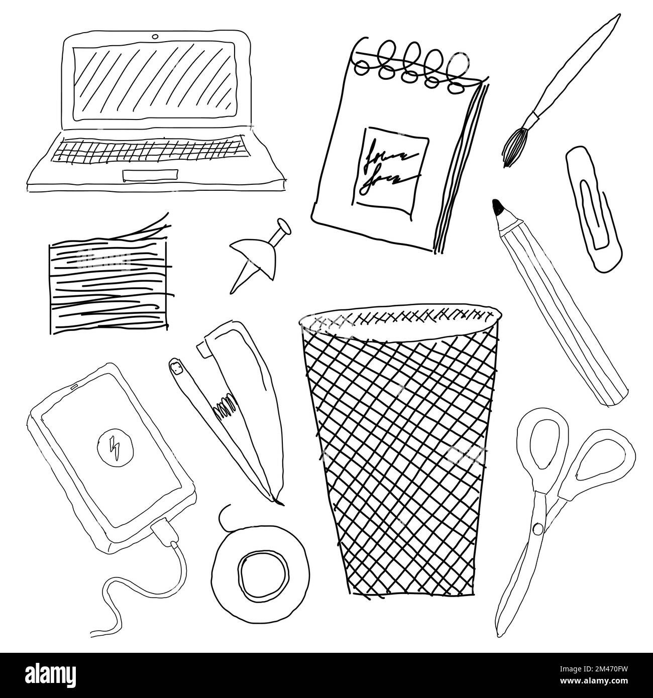 Office supplies in doodle style. black and white Stock Vector Image