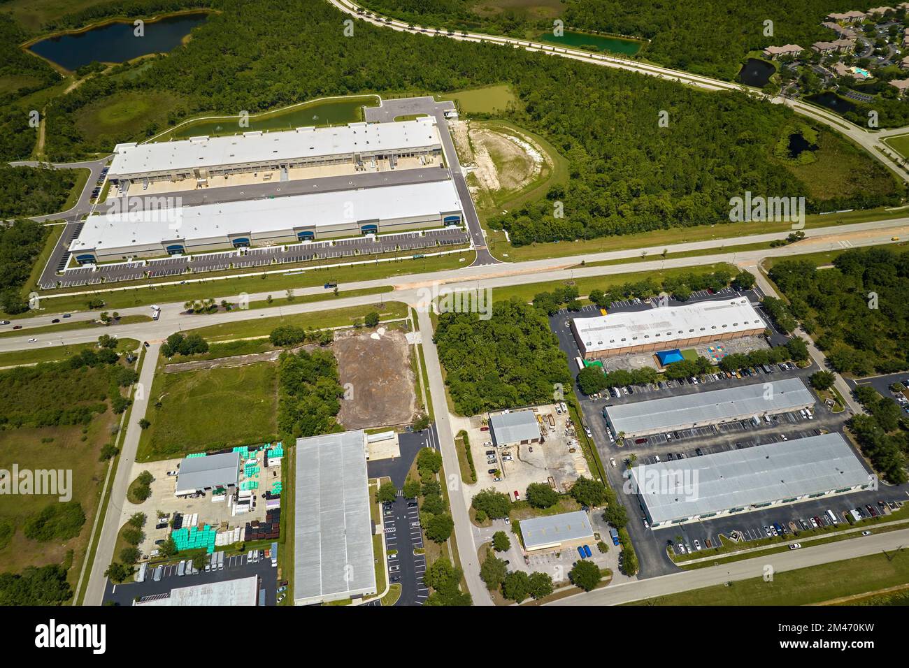 Aerial view of industrial park with goods warehouses and logistics