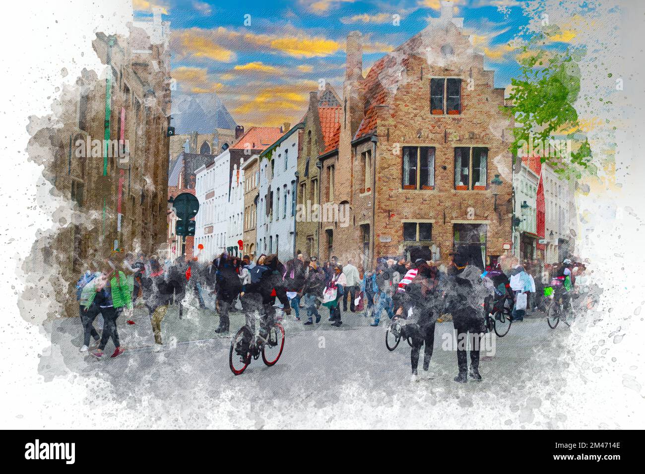 Watercolor painting of Bruges cityscape. Travel to Bruges Belgium