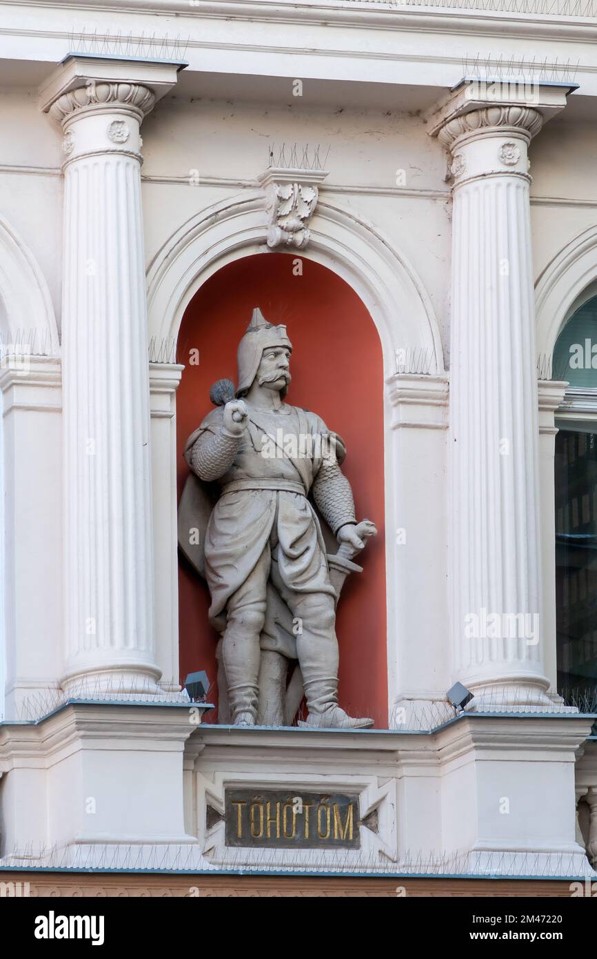 Statue of Tohotom from the statues of Heroes Hungary on the facade of a Building in Nyáry Pál St, Corner of Vaci utca Budapest, Hungary Stock Photo