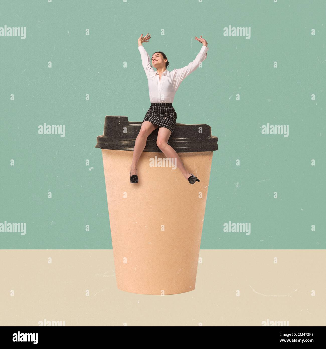 Contemporary art collage. Creative design. Active young woman sitting ...