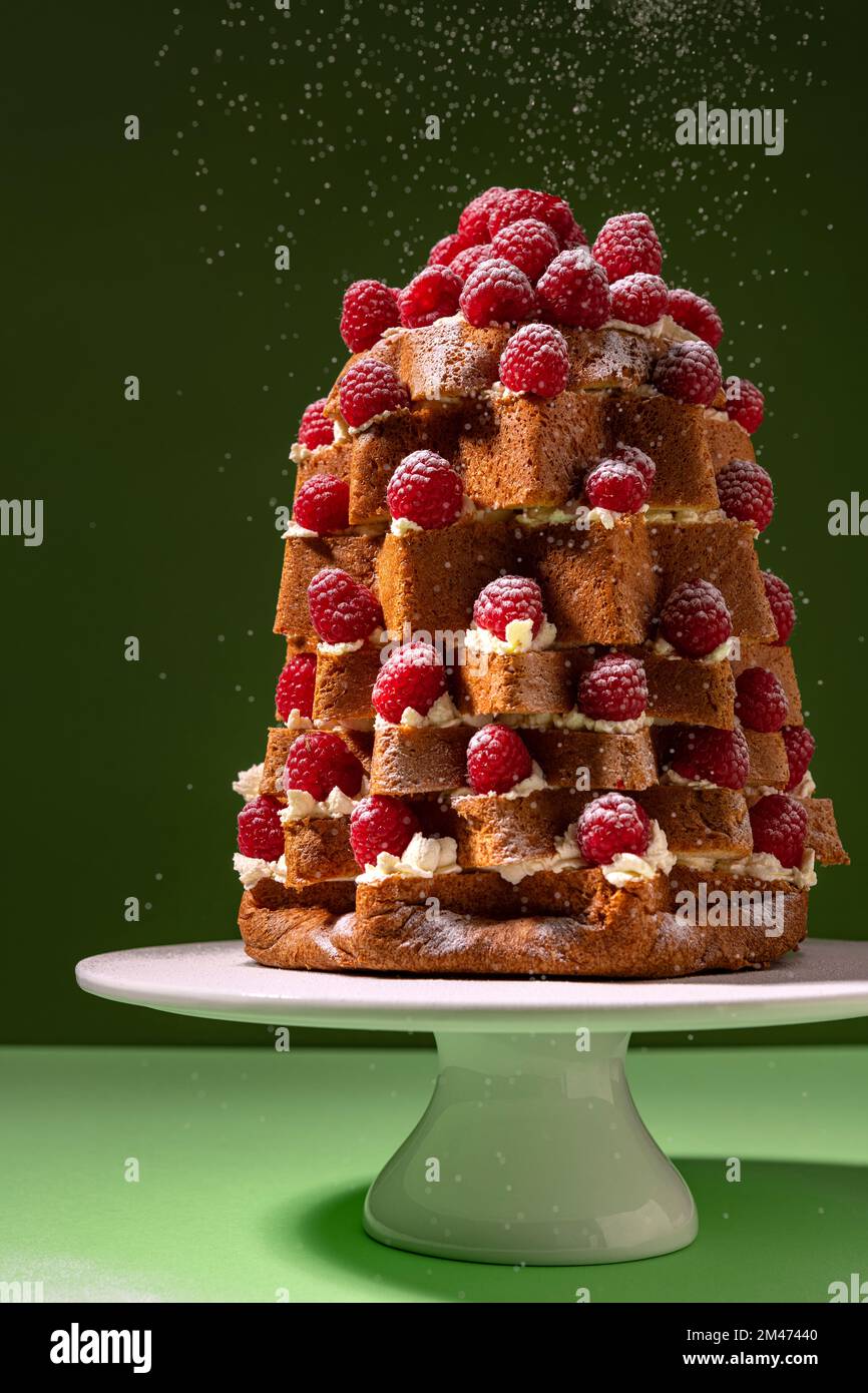 https://c8.alamy.com/comp/2M47440/christmas-raspberry-decorated-italian-sweet-bred-pandoro-pan-doro-dusted-with-icing-sugar-on-green-background-2M47440.jpg