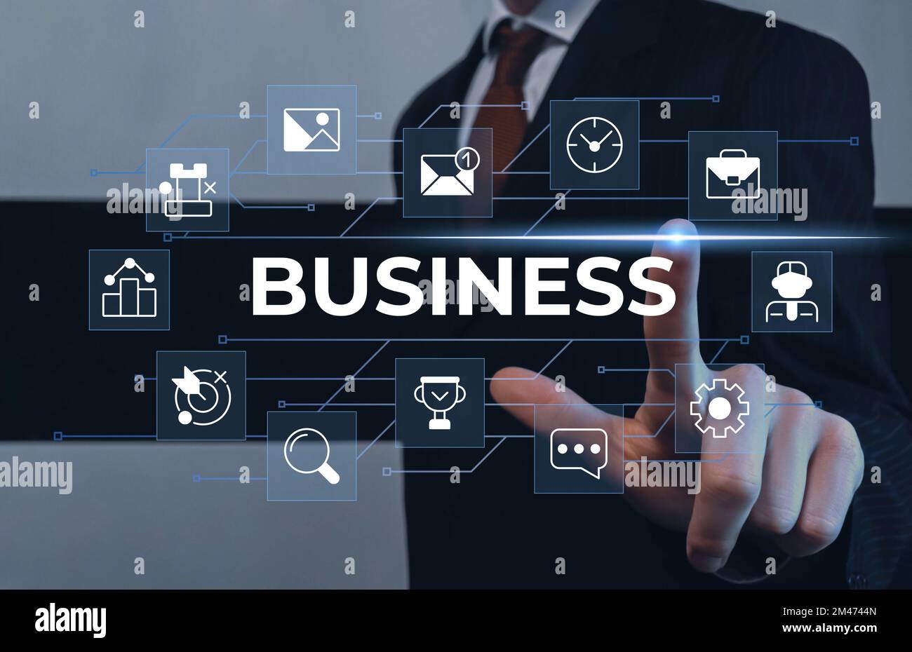 Business closeup concept image with white glyph icons Stock Photo