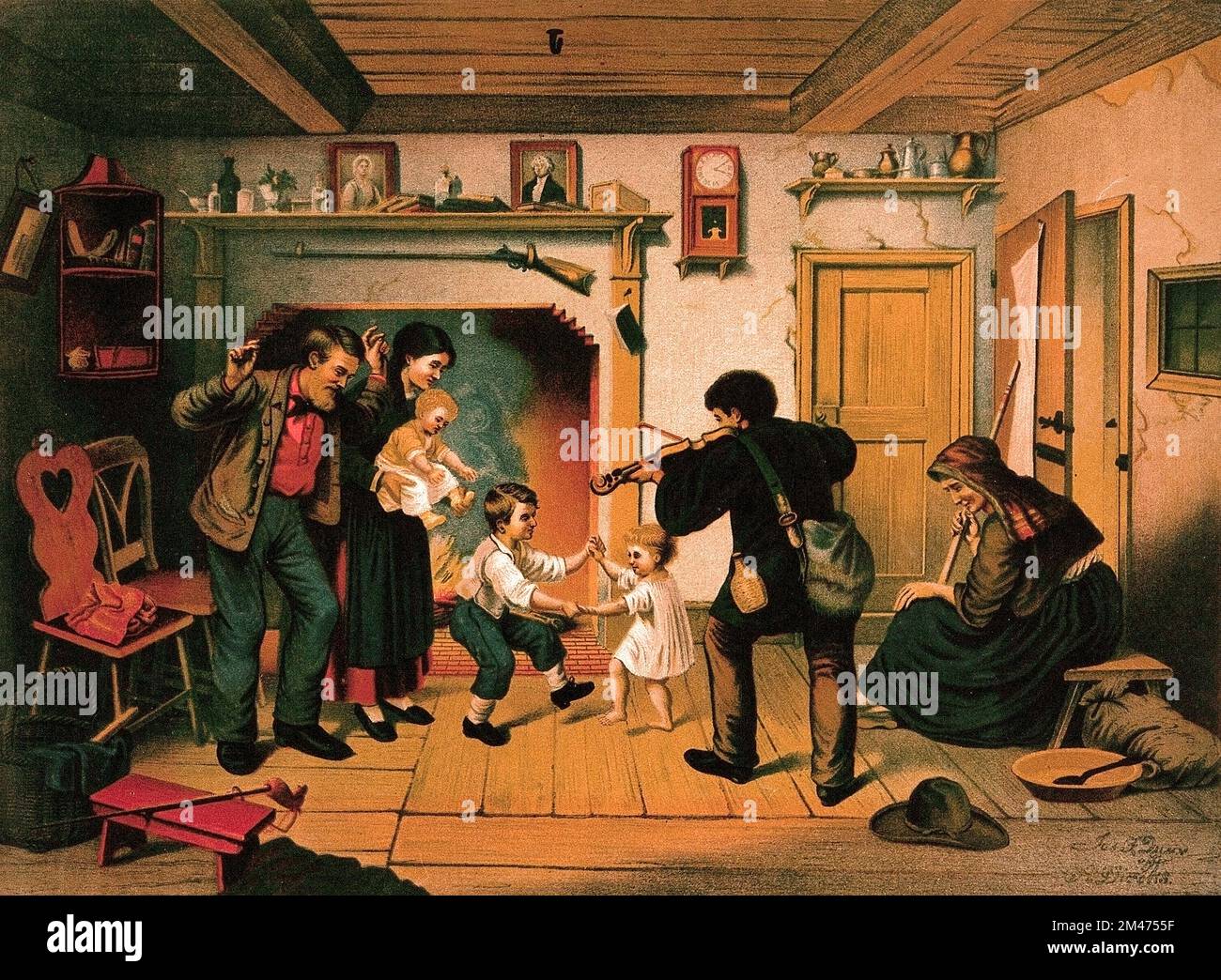 A young black man playing the violin for a white family in their house: a man, his wife and their two children are dancing by the fireplace while an old lady is seated on a bench. Colour lithograph by Jas. F. Queen, 1877, Stock Photo