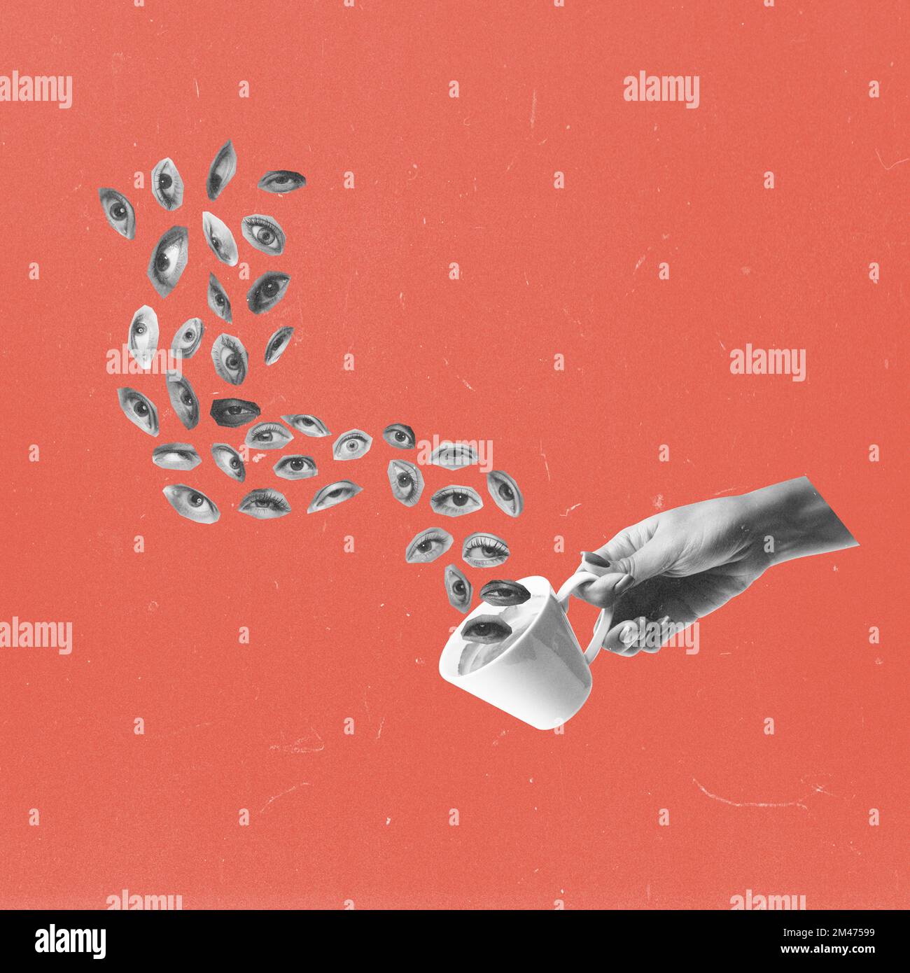 Contemporary art collage. Conceptual image. Human hand throwing many human eyes from coffee cup