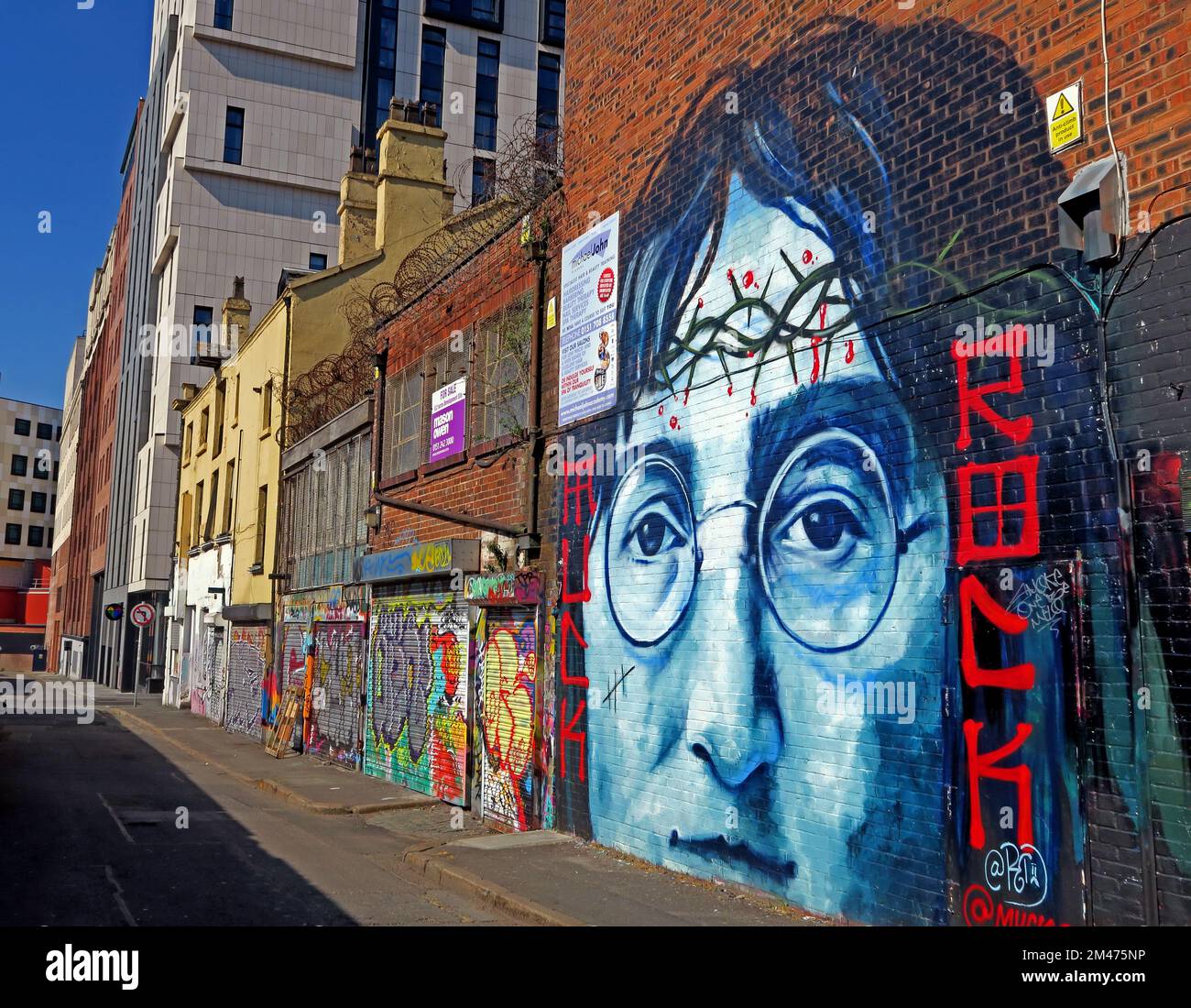 John Lennon, Beatles artwork mural, Cropper Street, Newington, Liverpool, Merseyside, England, UK, L1 4ED Stock Photo