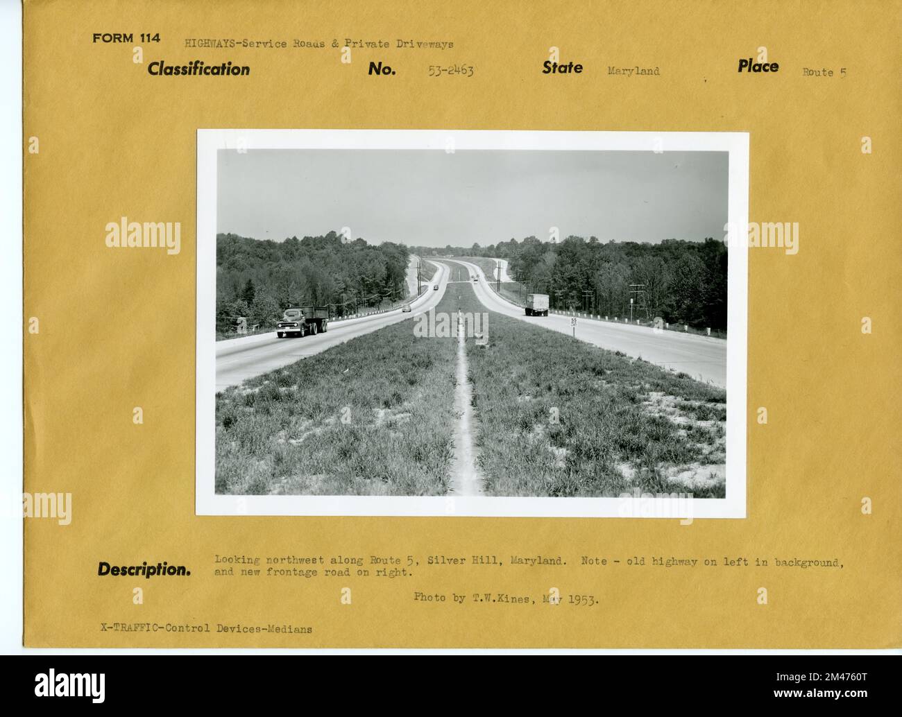 Maryland State Route 5. Original caption: Looking northwest along Route 5,Silver Hill, Maryland. Note - old highway on left in background, and new frontage road on right. Photo by T. W. Kines, May 1953. State: Maryland. Place: Route 5. Stock Photo