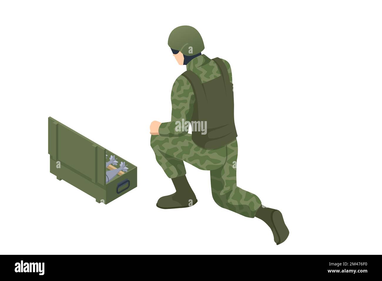 Isometric Special Forces Soldier Police, Swat Team Member. Soldier with grenades in a box on white background. Army, military and people concept Stock Vector