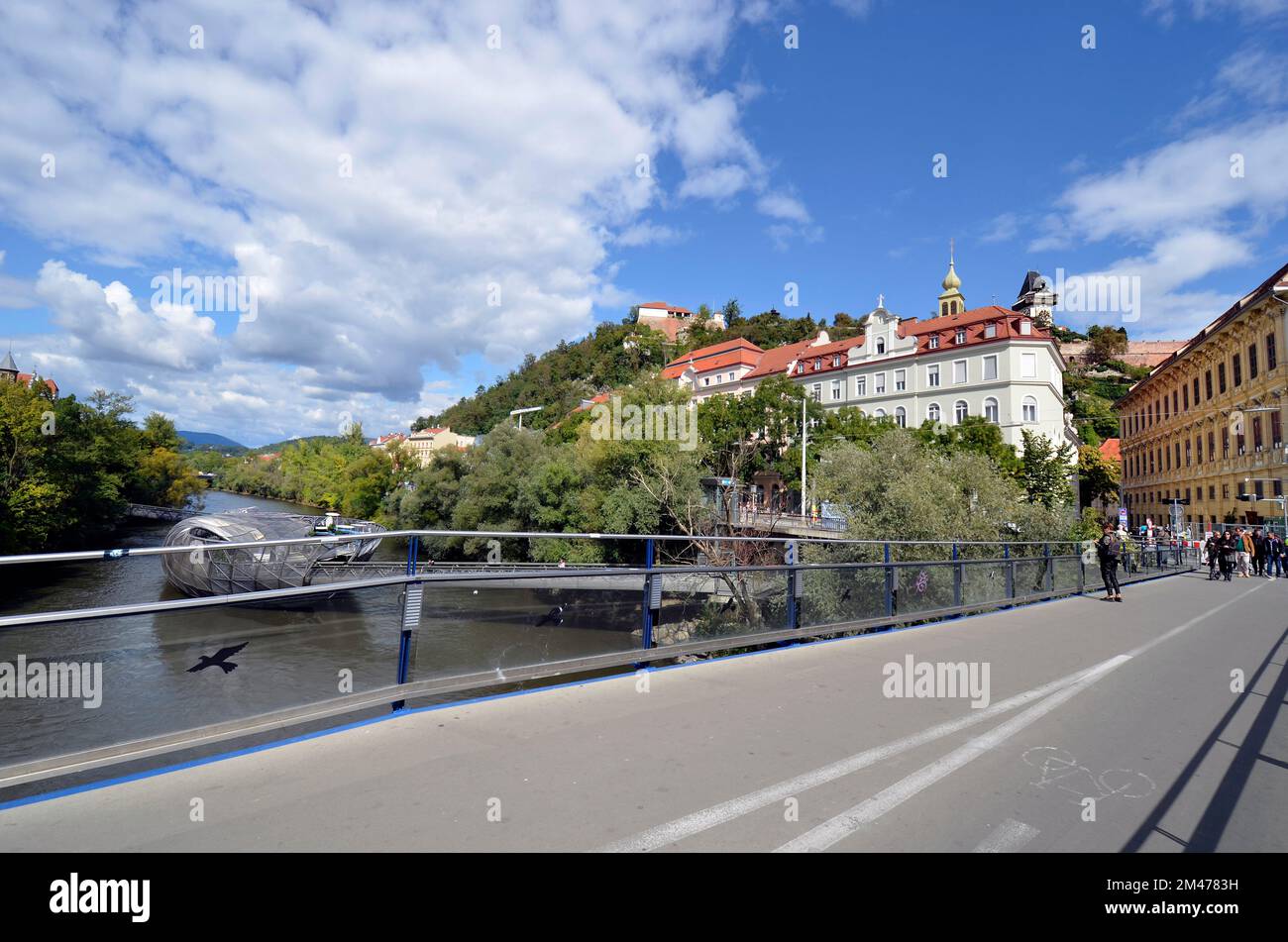 Graz, Austria - September 22, 2022: The so-called Murinsel was built on the occasion of the appointment as the cultural capital in 2003 and is located Stock Photo