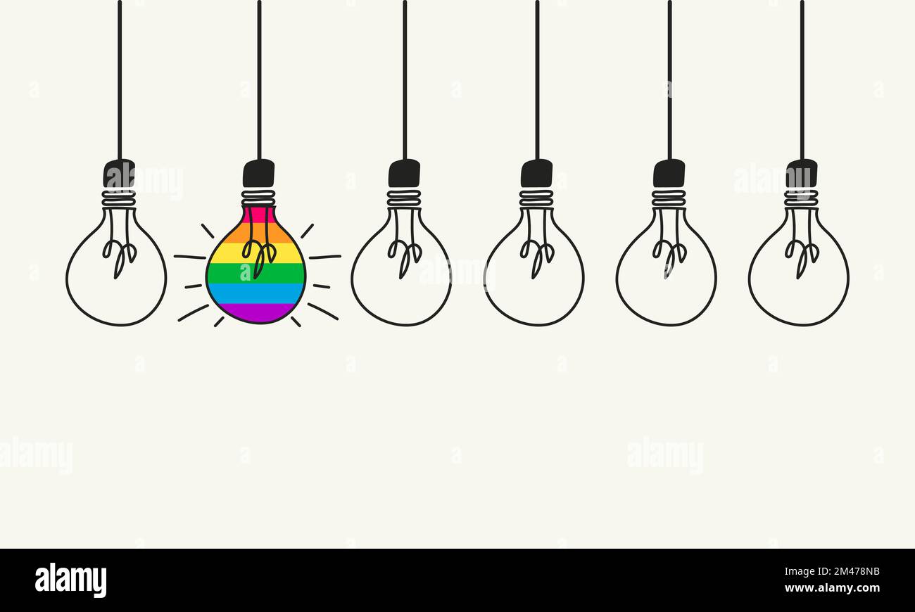 Group of light bulbs, one of them with the pride flag. Equality in business, Creative ideas for innovation, knowledgeable leader. Gender equality Stock Vector