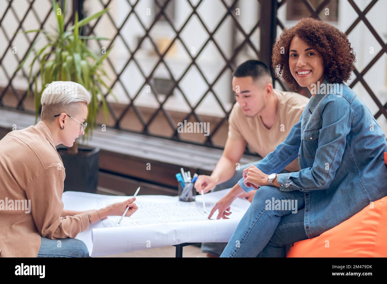 Multinational architectural team working on a site development plan Stock Photo