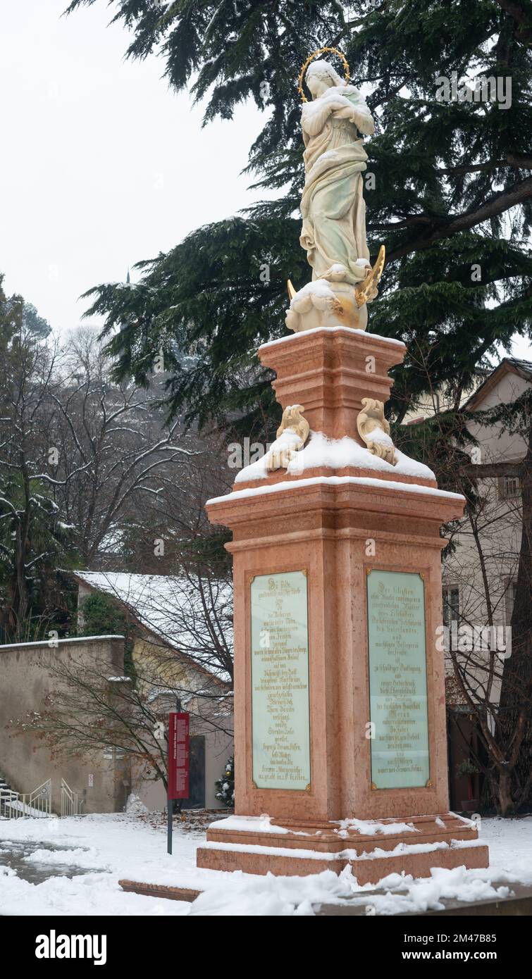 MERANO, ITALY Piazza della Rena (Sandplatz) with the statue of Maria