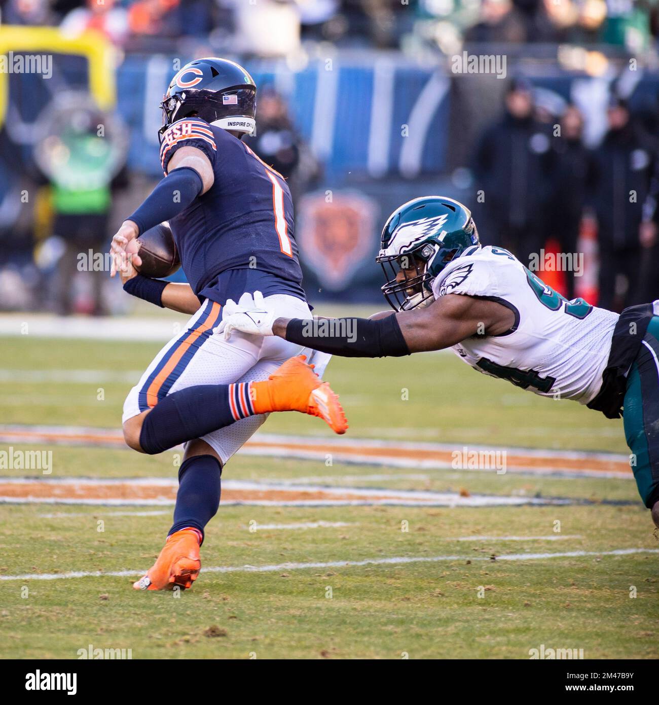 Chicago, IL, USA. 18th Dec, 2022. Chicago Bears quarterback #1 Justin  Fields in action during a game against the Philadelphia Eagles in Chicago,  IL. Mike Wulf/CSM/Alamy Live News Stock Photo - Alamy