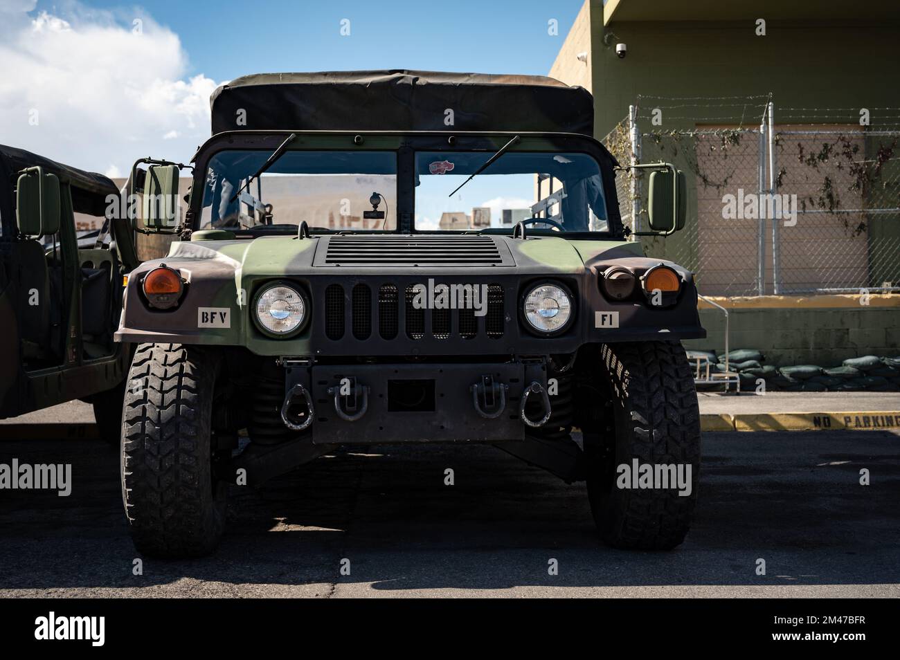 Frontal detail of a Humvee in a military base of the United States of North America Stock Photo