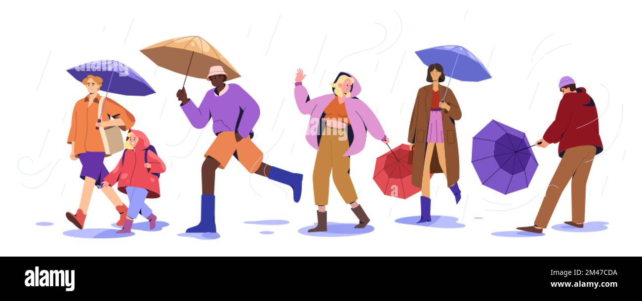 Flat people with umbrellas and raincoats walking in puddles at rainy weather. Stylish characters and happy child under stormy rain in autumn windy day, Monsoon season with rainfall in city street. Stock Vector