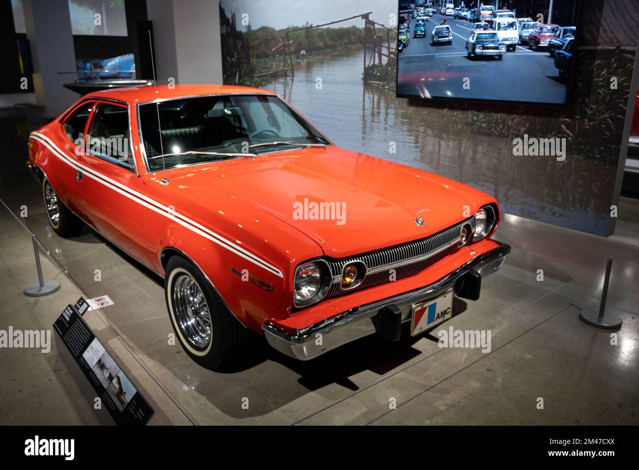 Detail of a red 1974 AMC Hornet X Hatchback in a museum Stock Photo