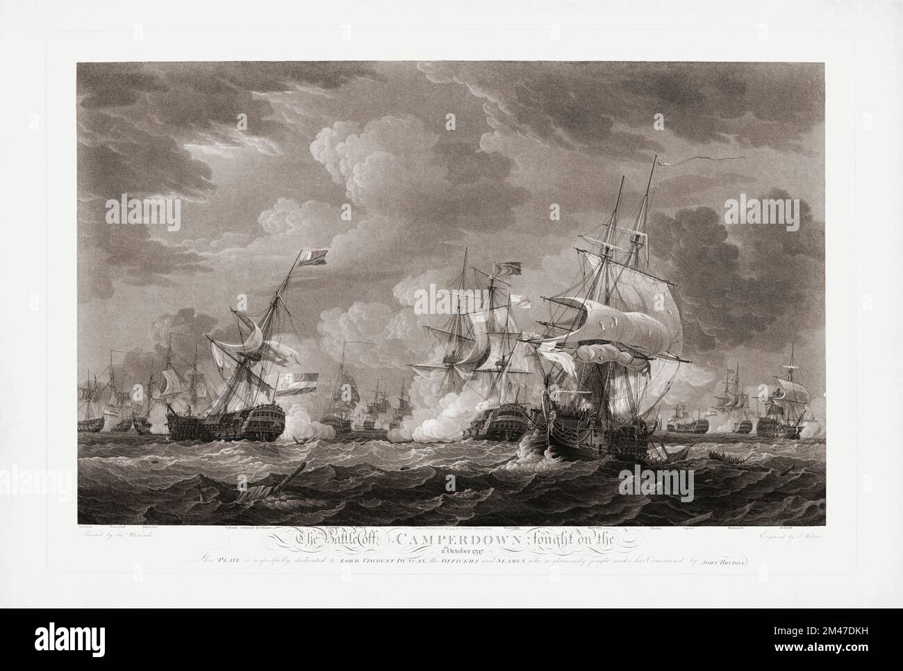 The Battle of Camperdown - Kamperduin in Dutch - 11 October 1797, during the French Revolutionary Wars.  It was fought between the British North Sea Fleet and a Batavian Navy fleet.  The British prevailed.  After a contemporary print by Thomas Hellyer from the painting by Thomas Whitcombe. Stock Photo