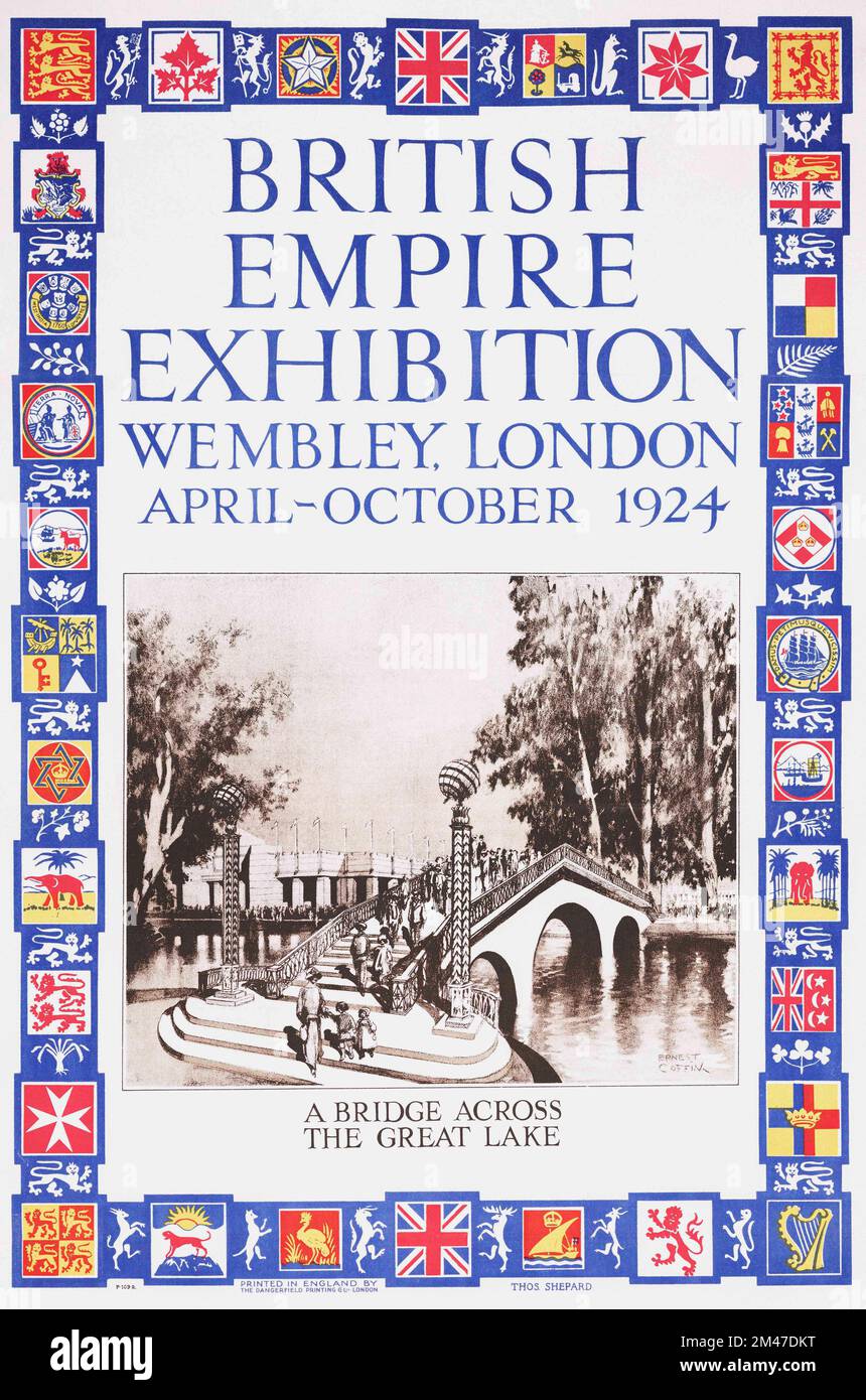 One of a series of posters for the British Empire Exhibition, Wembley, London, April-October 1924.  It shows a bridge across the great lake.  27 million people visited the exhibition.  After a work by Ernest Coffin. Stock Photo