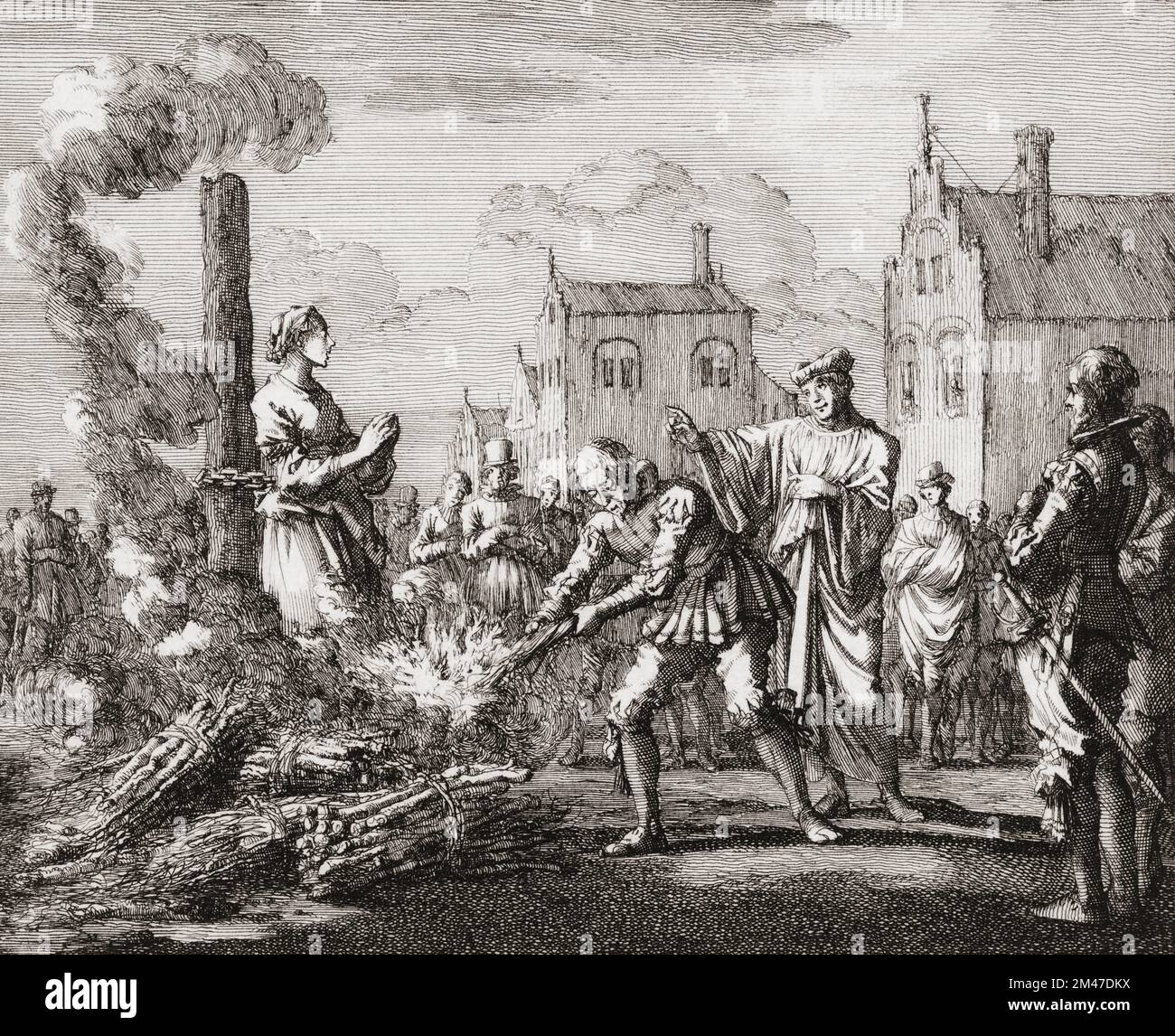 A woman is burned at the stake as a witch. After a work by Jan Luyken. Stock Photo