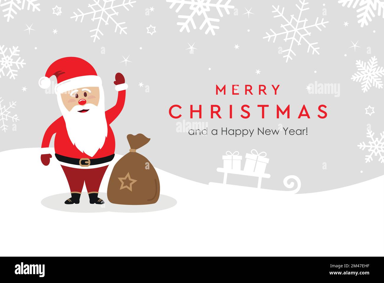christmas greeting card with cute santa claus on snowy background Stock ...