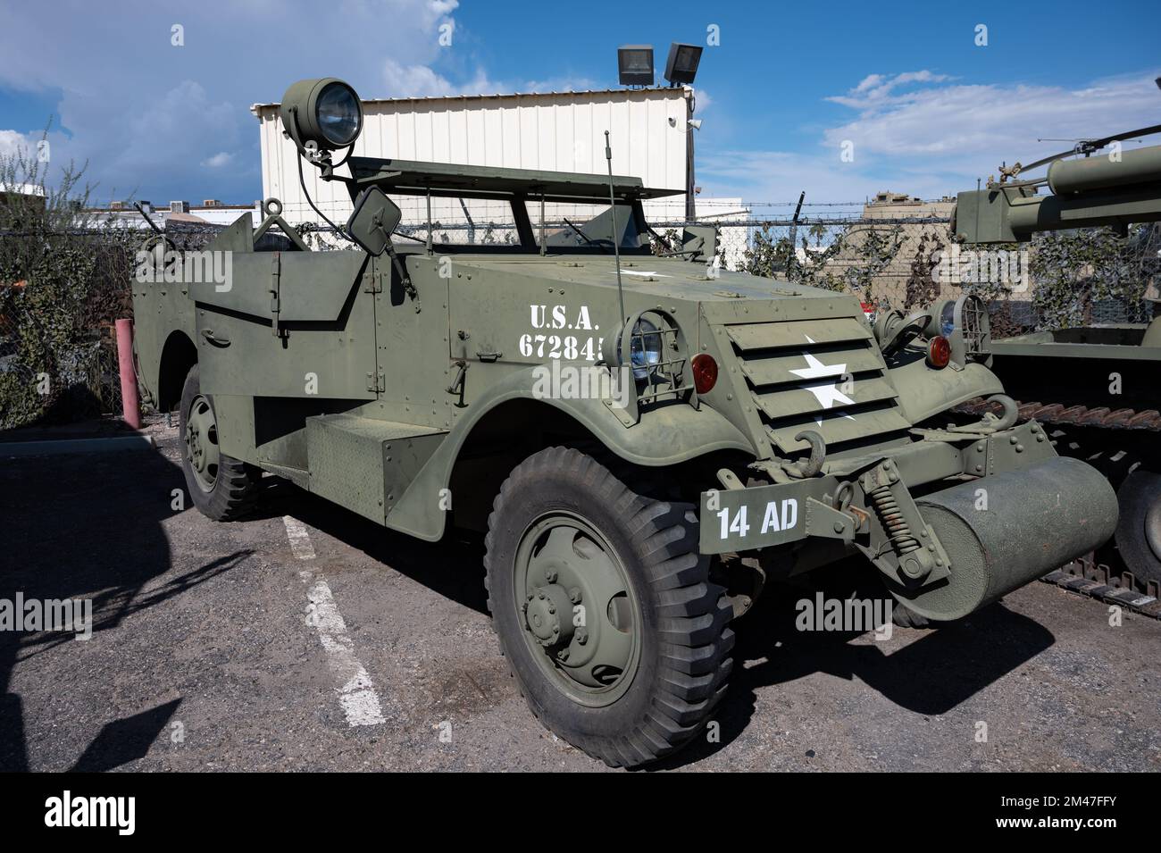 Front detail of an old White Motor Company M3 Scout Car military vehicle Stock Photo