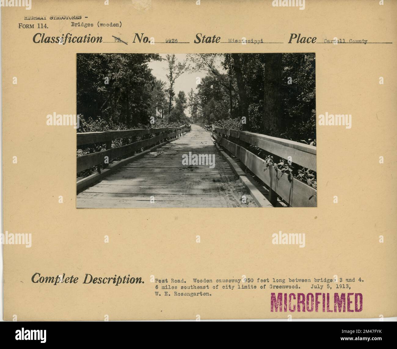 Post Road. Original caption: Wooden causeway 950 feet long between bridges 3 and 4. 6 miles southeast of city limits of Greenwood. W. E. Rosengarten. State: Mississippi. Place: Carroll County. Stock Photo