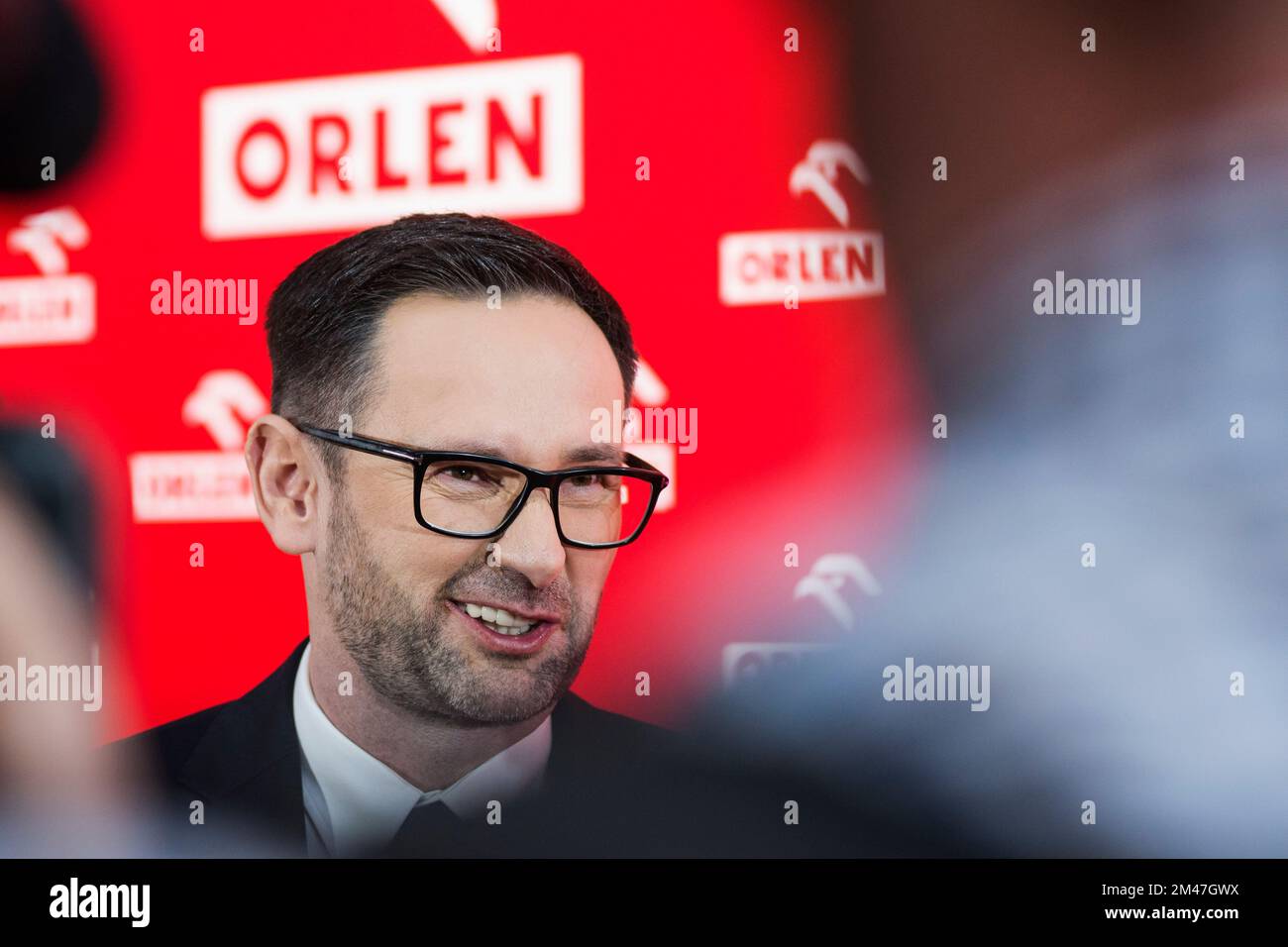 Warsaw, Poland. 19th Dec, 2022. Daniel Obajtek, the CEO of ORLEN group is seen during an interview. Press conference on the involvement of Polish Oil Company ORLEN group (PKN Orlen) in strategic projects in the area of ??sports sponsorship and a summary of the sports year. Credit: SOPA Images Limited/Alamy Live News Stock Photo