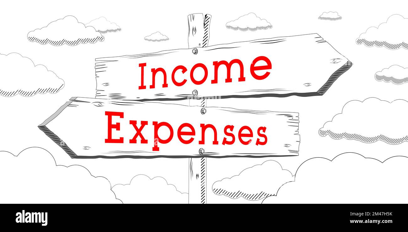 Income and expenses - outline signpost with two arrows Stock Photo - Alamy