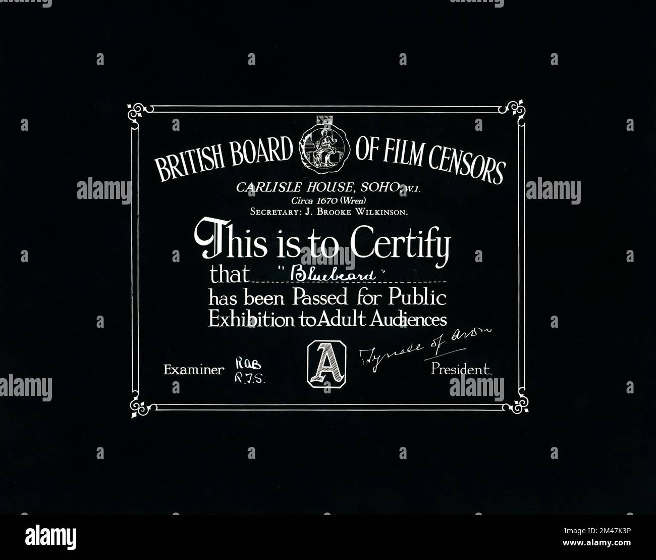 British Board of Film Censors censor card for the British release of
