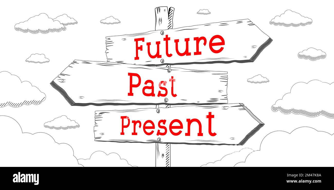 Future past present outline signpost with three arrows stock photo