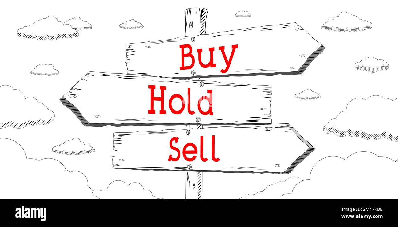 Buy, hold, sell outline signpost with three arrows Stock Photo Alamy