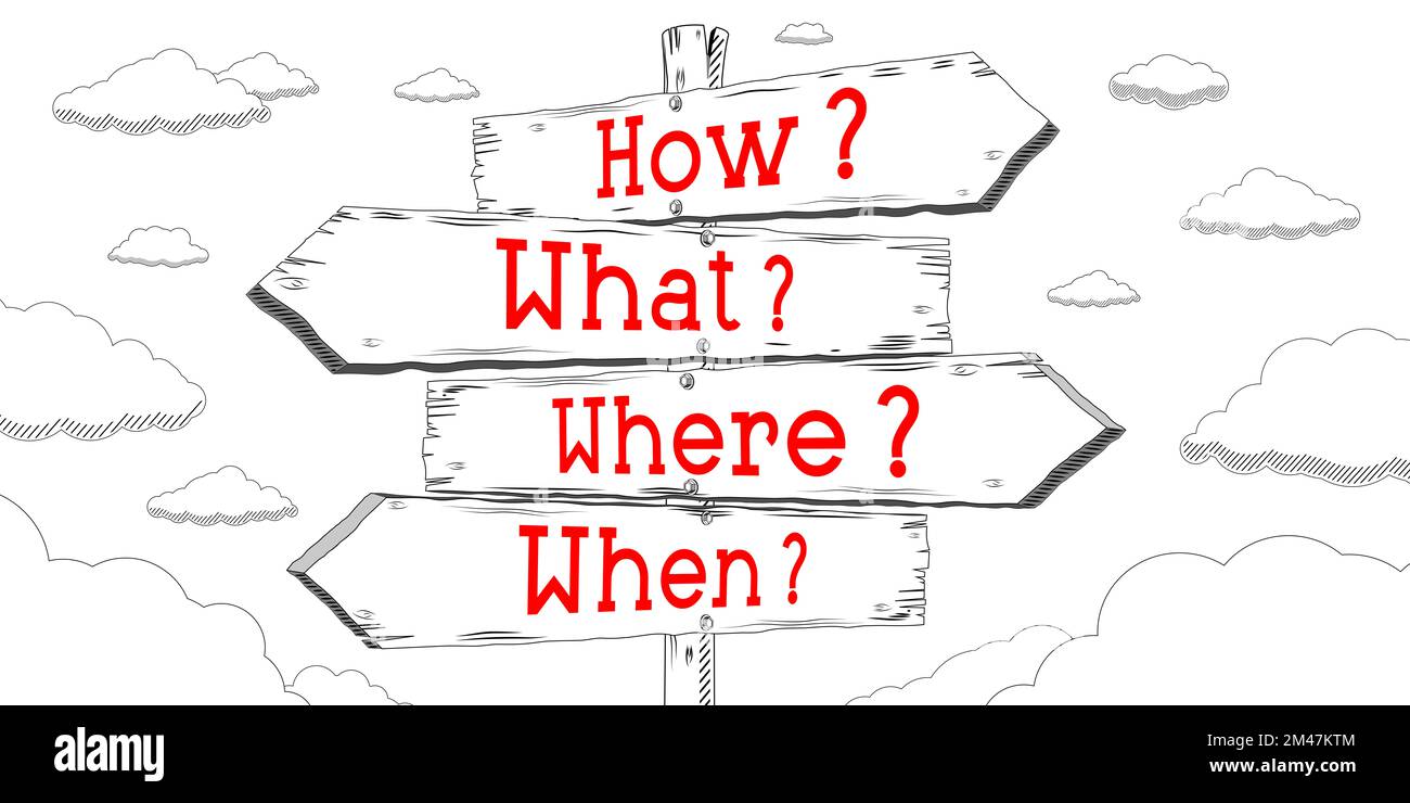 How, what, where, when - outline signpost with four arrows Stock Photo ...