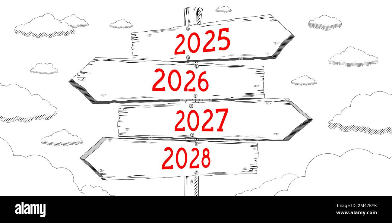 2025. 2026. 2027. 2028 outline signpost with four arrows Stock Photo