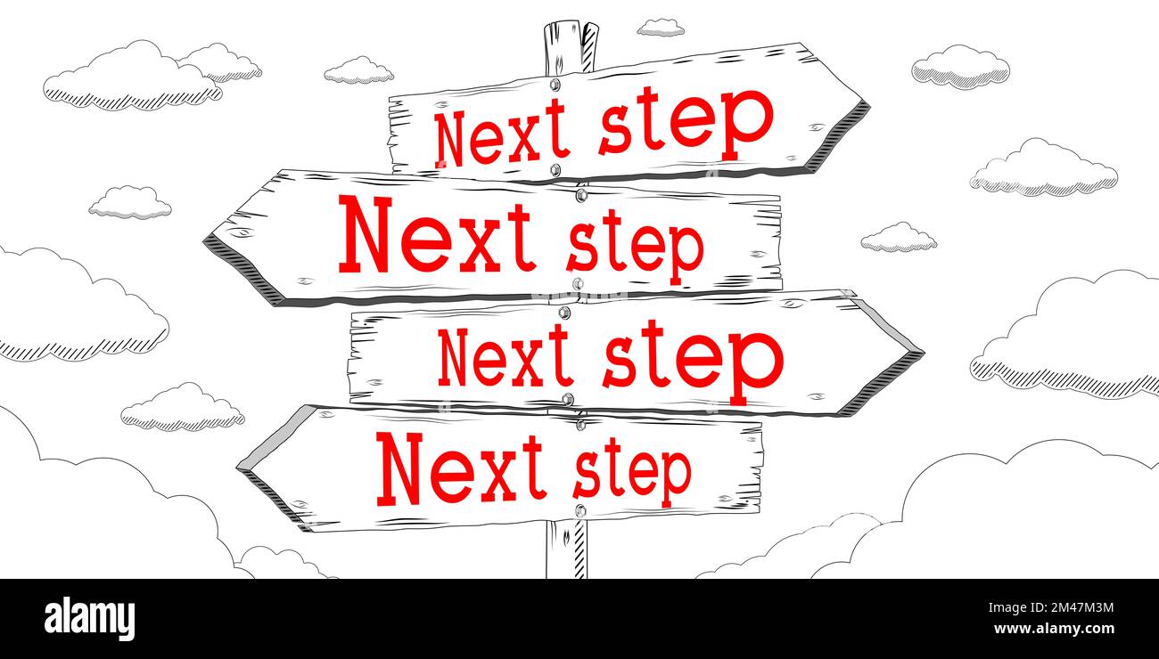 Next step - outline signpost with four arrows Stock Photo - Alamy