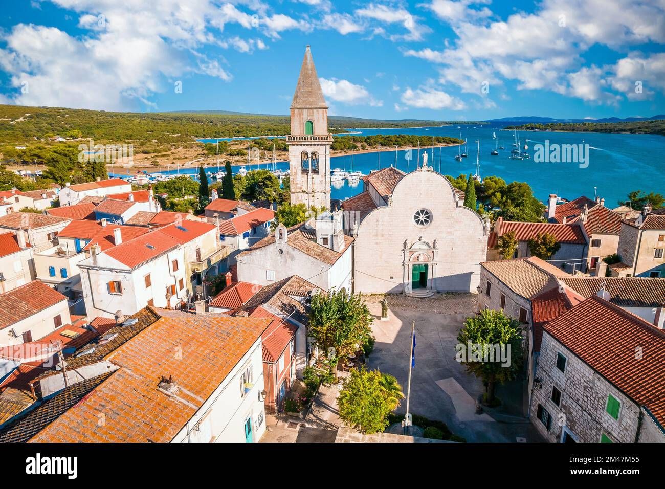 Historic town of Osor connecting Cres and Losinj islands aerial view, Kvarner archipelago of Croatia Stock Photo