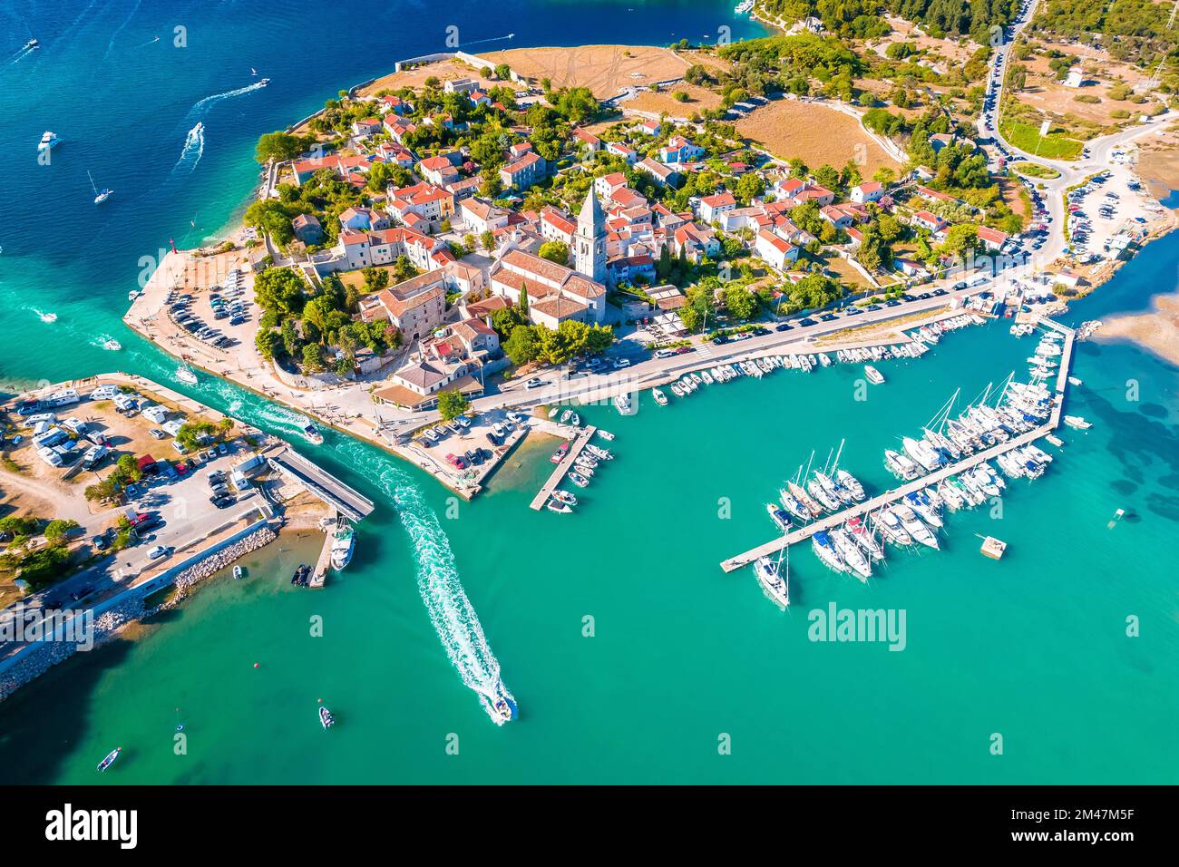 Town of Osor turquoise coast aerial view, bridge between Cres and Mali ...
