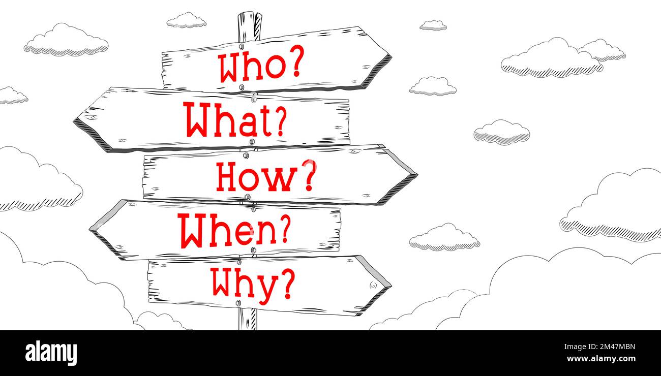Who, what, how, when, why - outline signpost with five arrows Stock ...