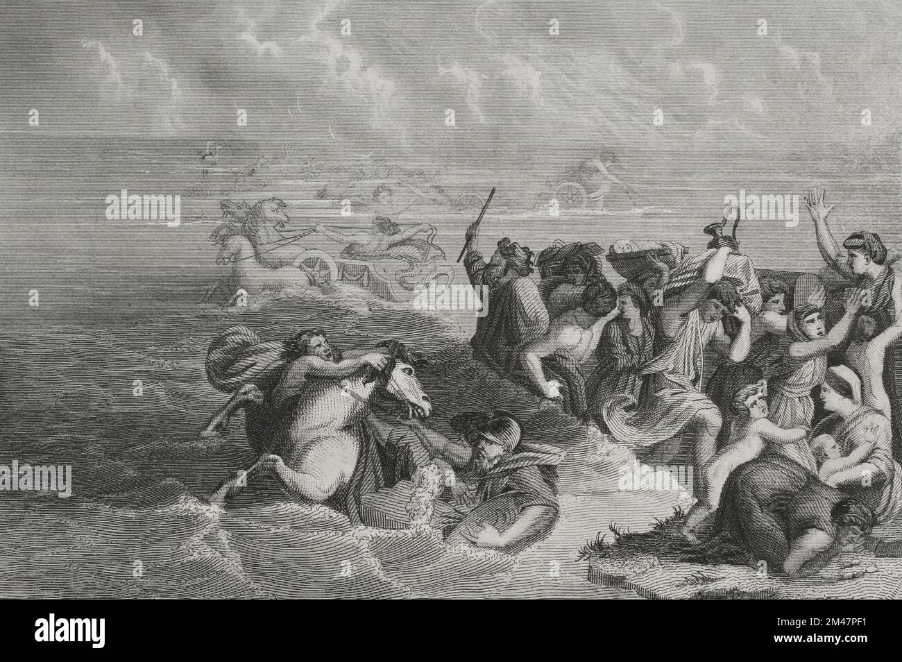 Old Testament. Exodus. The passage of the Red Sea. Engraving by A. Roca. 'Los Héroes y las Grandezas de la Tierra'. Volume I. 1854. Author: Antonio Roca Sallent (1813-1864). Spanish engraver. Stock Photo