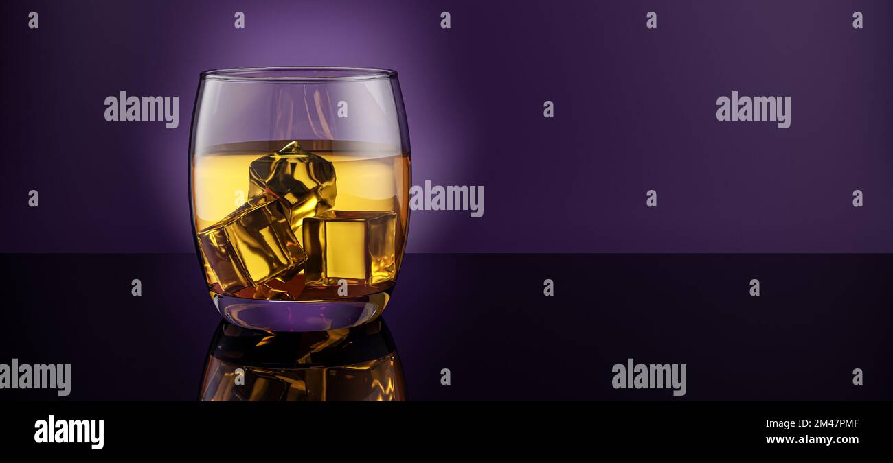 Glass of scotch on the rocks whiskey / brandy and ice cubes splash splashing back lit against a purple background Stock Photo