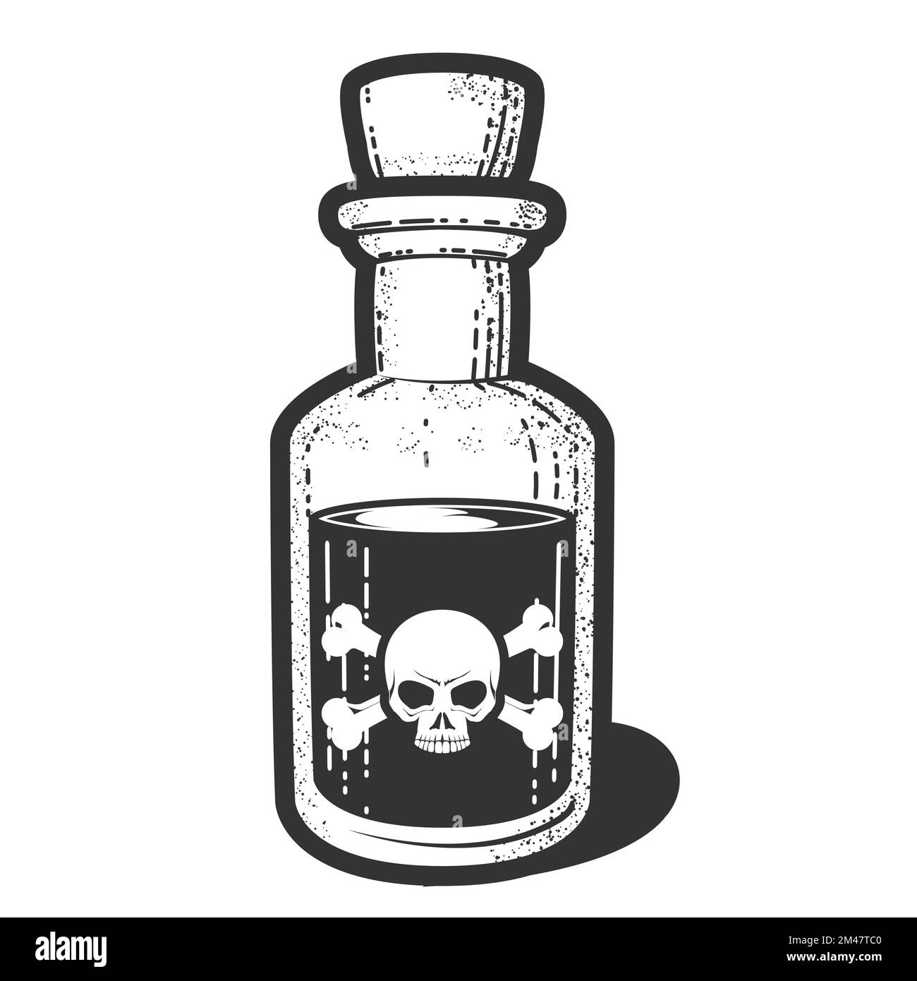 Old bottle with poison, vial with skull and crossbones, ventage phial with medicine and corck, vector Stock Vector