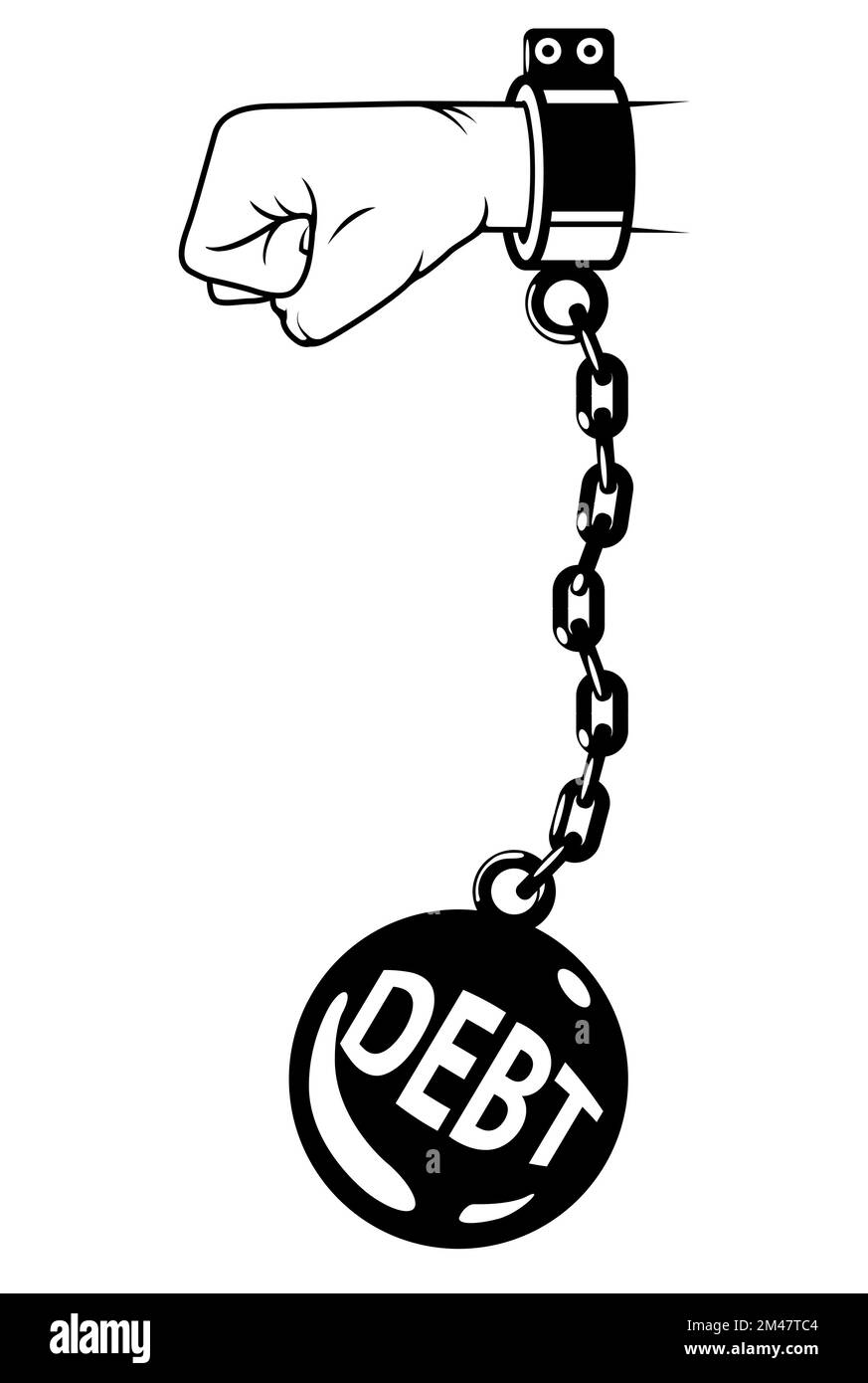Debt shackles, weight metal ball with chain on wrist, prisoner fetter, debtor encumbrance concept , vector Stock Vector