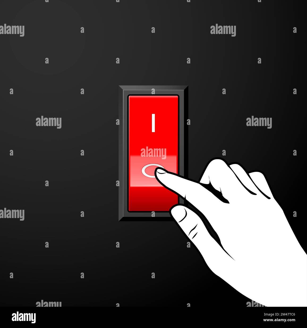 Finger turns off electric switch, saving energy and energy efficiency, hand and red button, vector Stock Vector