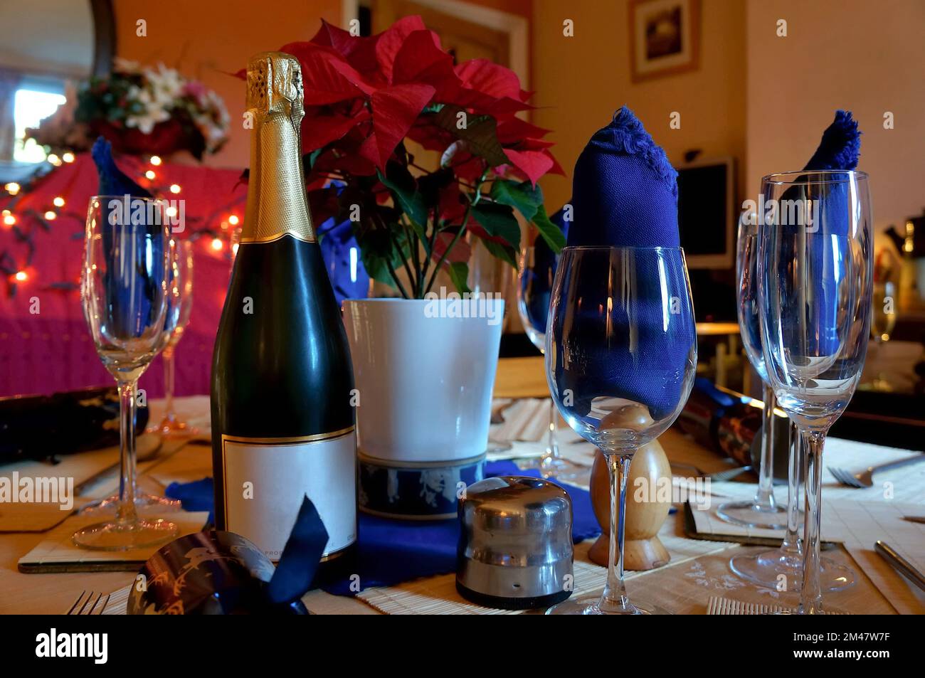 wine bottle with glasses and napkins set for a meal on the dining table for Christmas dinner Stock Photo