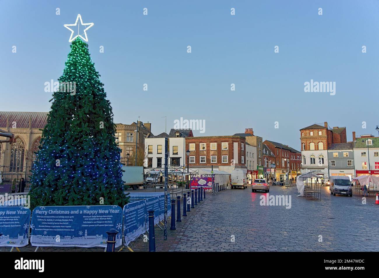 The Christmas tree in the marketplace at sundown.in Boston Lincolnshire Stock Photo