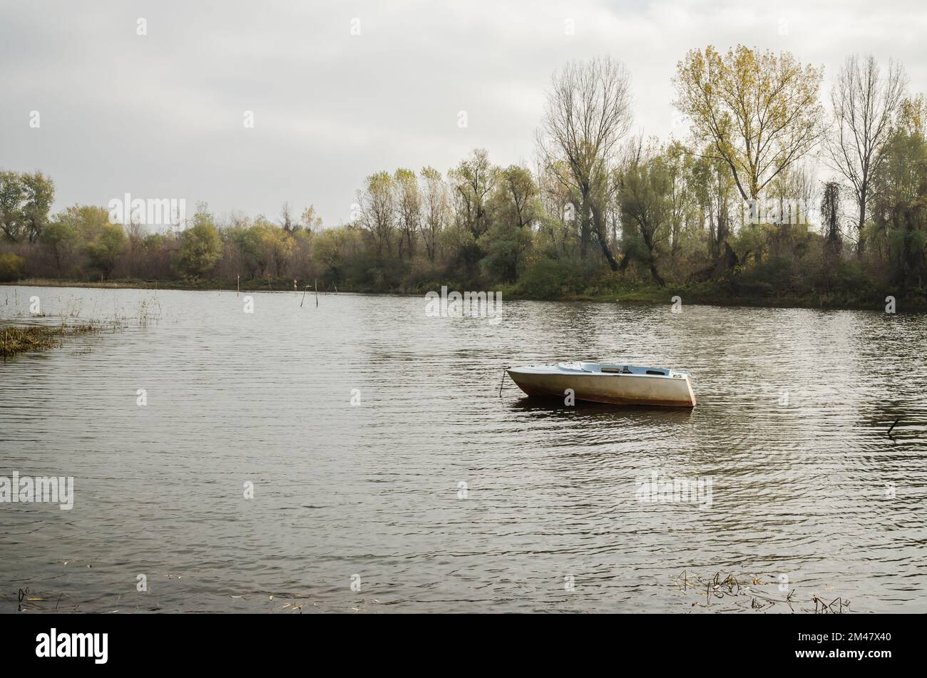 Wooden boat moored along the shore of the lake in water Stock Photo - Alamy
