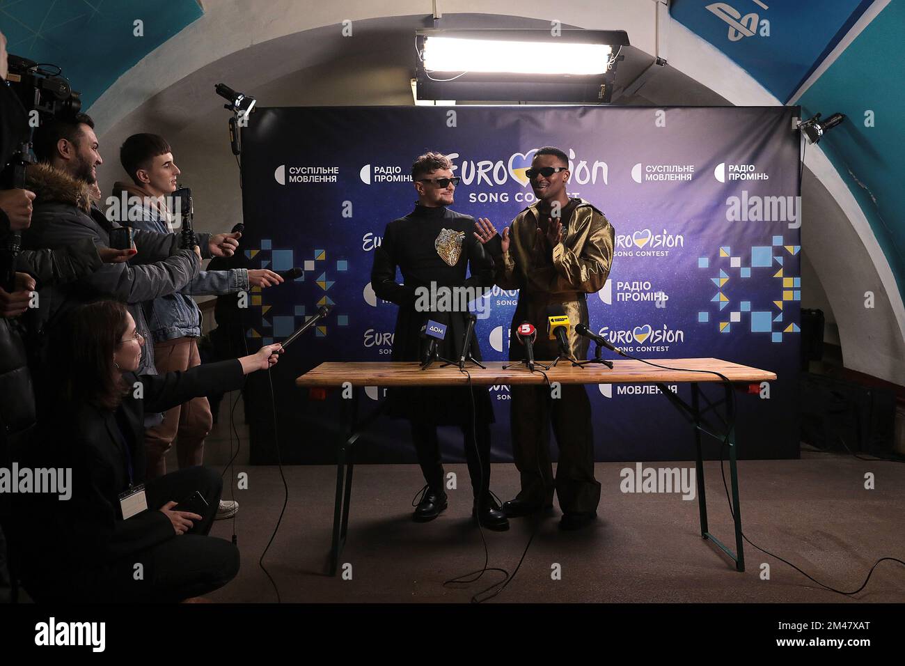 Kyiv, Ukraine. 17th Dec, 2022. KYIV, UKRAINE - DECEMBER 17, 2022 - Members of the TVORCHI band speak at the press conference of the winners of the national selection for the International Song Contest Eurovision 2023, Kyiv, capital of Ukraine.NO USE RUSSIA. NO USE BELARUS. Credit: NurPhoto/Alamy Live News Stock Photo