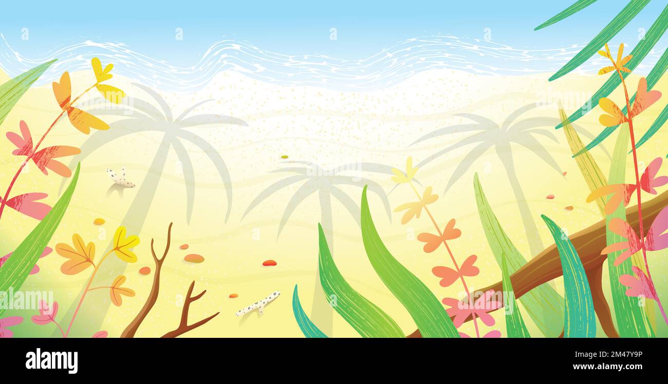 Tropical Vacation Sand Beach with Palm Tree Shades Stock Vector