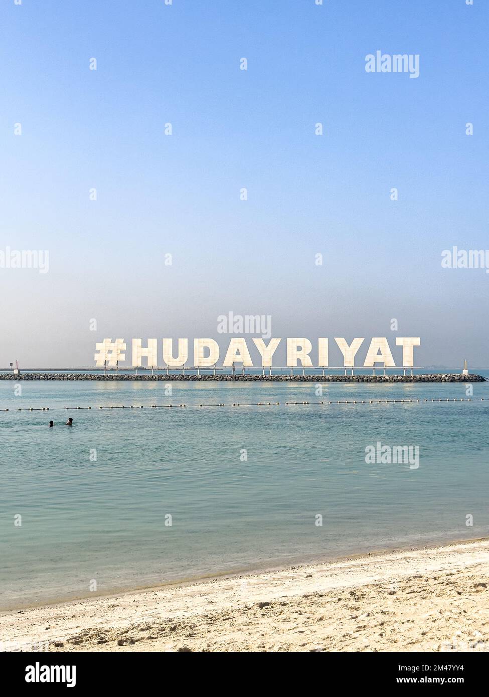 The Hudayriyat hashtag sign at the Hudayriyat Island Beach, Leisure  and Sport precinct in Abu Dhabi Stock Photo